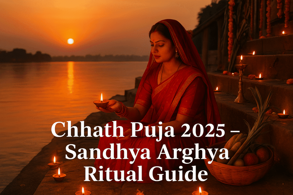 A devotee performing Sandhya Arghya during Chhath Puja 2025, offering prayers to the setting Sun with diya and fruits on the river ghat.