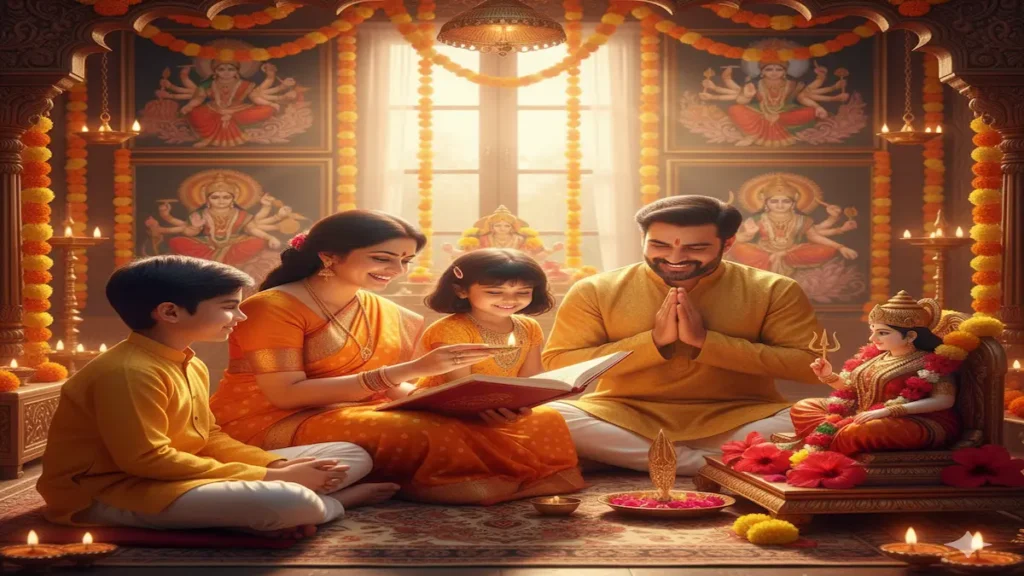 Navratri 2025 celebration — Indian devotees performing Garba and worshipping nine forms of Goddess Durga with devotion and lights.