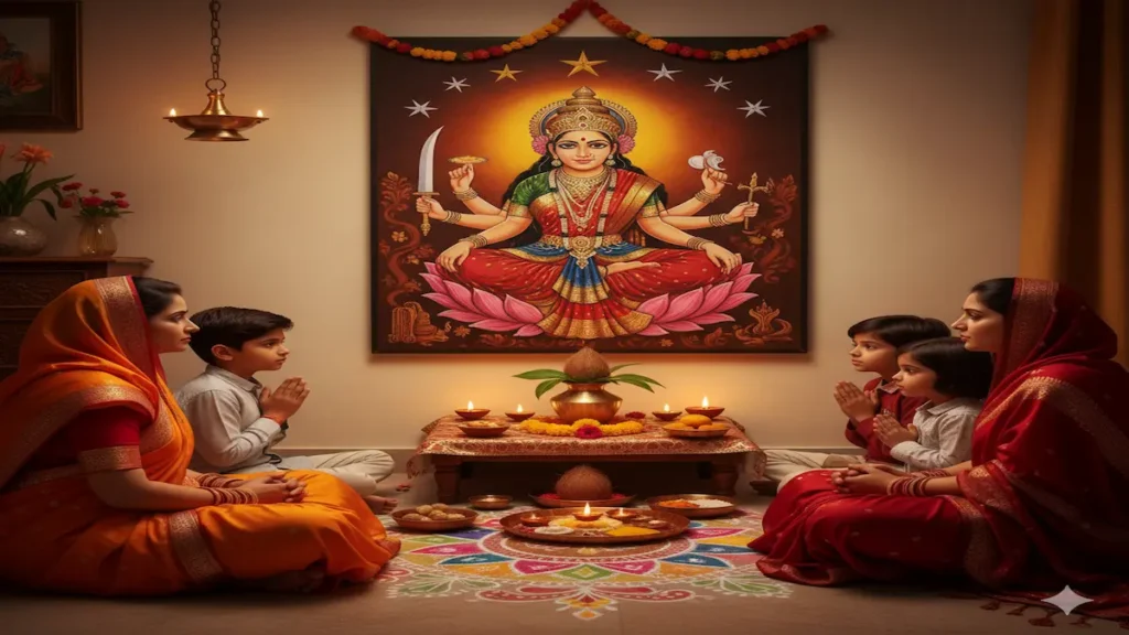 Women performing Ahoi Mata Puja with diyas, kalash, and wall image of Ahoi Mata during evening rituals.