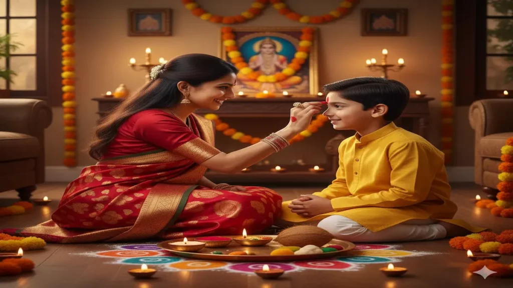 Sister applying tilak on her brother’s forehead during Bhai Dooj 2025 celebration with decorated thali and diyas.