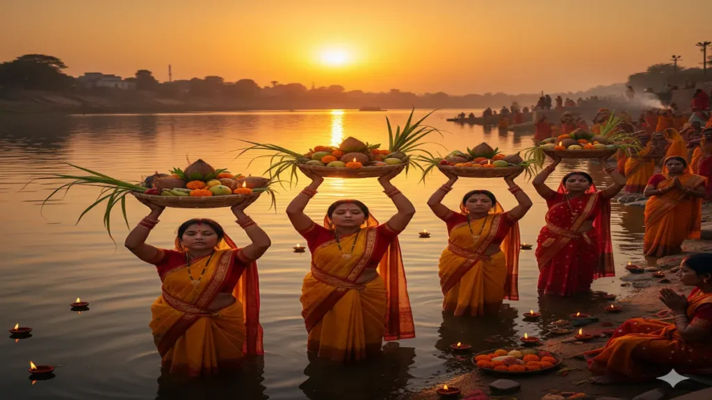 Devotees offering Arghya to the Sun during Chhath Puja 2025 at river ghats with soop, diyas, and fruits.