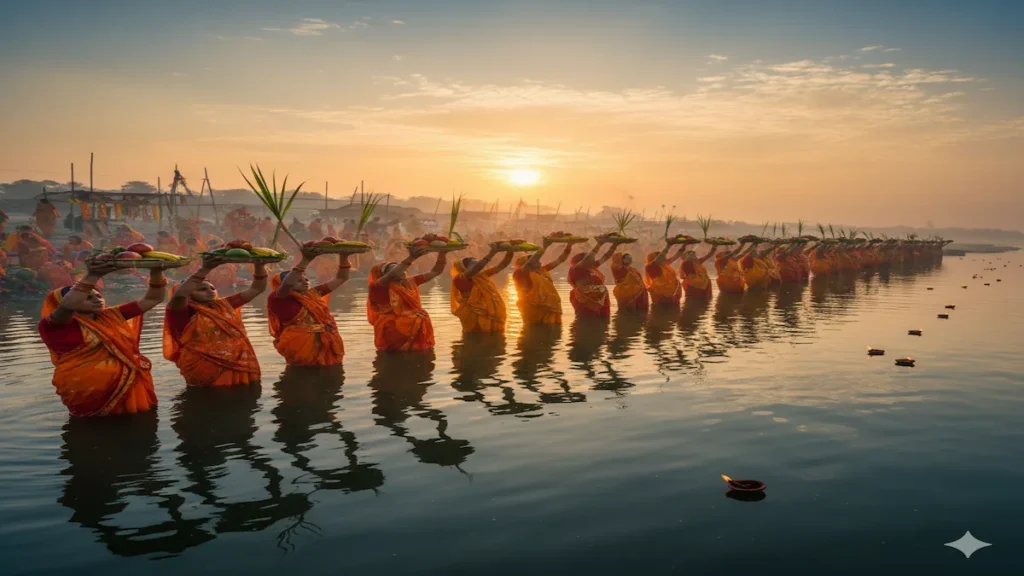 Women devotees offering Usha Arghya to the rising sun during Chhath Puja 2025 at river ghats with fruits and diyas.
