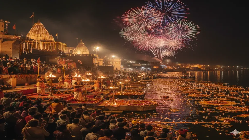 Priests performing Ganga Aarti with thousands of diyas floating on the river during Dev Deepawali 2025 in Varanasi