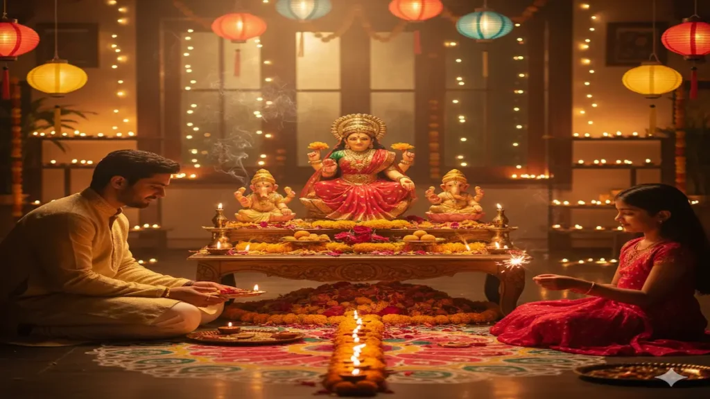 Indian family celebrating Diwali 2025 by lighting diyas and performing Lakshmi-Ganesha Puja with rangoli and decorations.