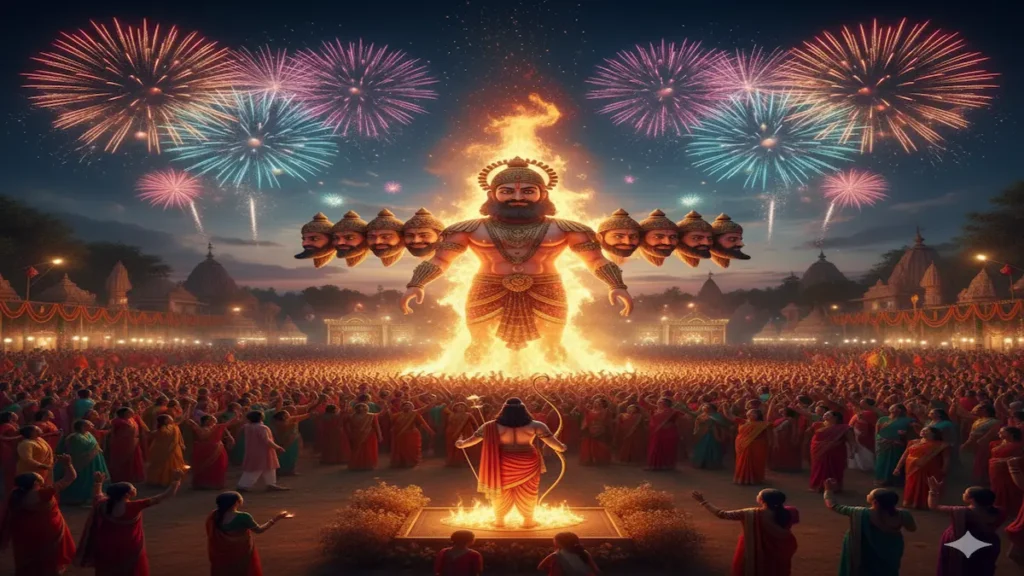 Dussehra 2025 celebration with Ravana effigy burning, devotees watching, and fireworks, representing the victory of good over evil.
