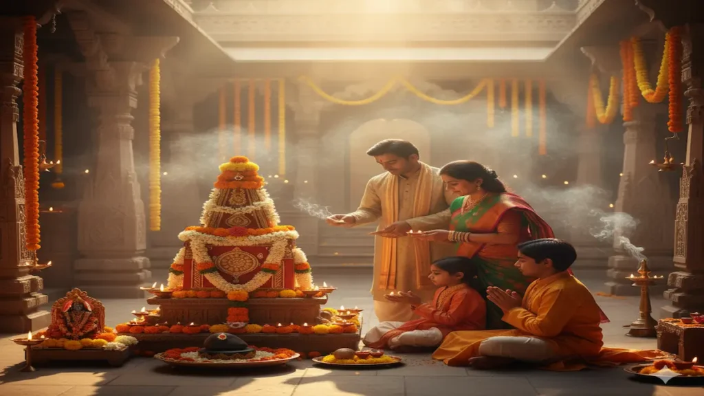 Devotees performing Tulsi Puja on Dev Uthani Ekadashi 2025 with diyas and Vishnu symbols in a temple courtyard