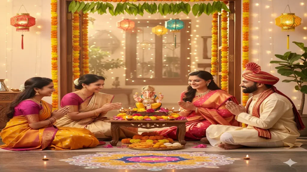 Gujarati family celebrating New Year 2025 with Lakshmi-Ganesha Puja, rangoli, sweets, and festive home decorations.