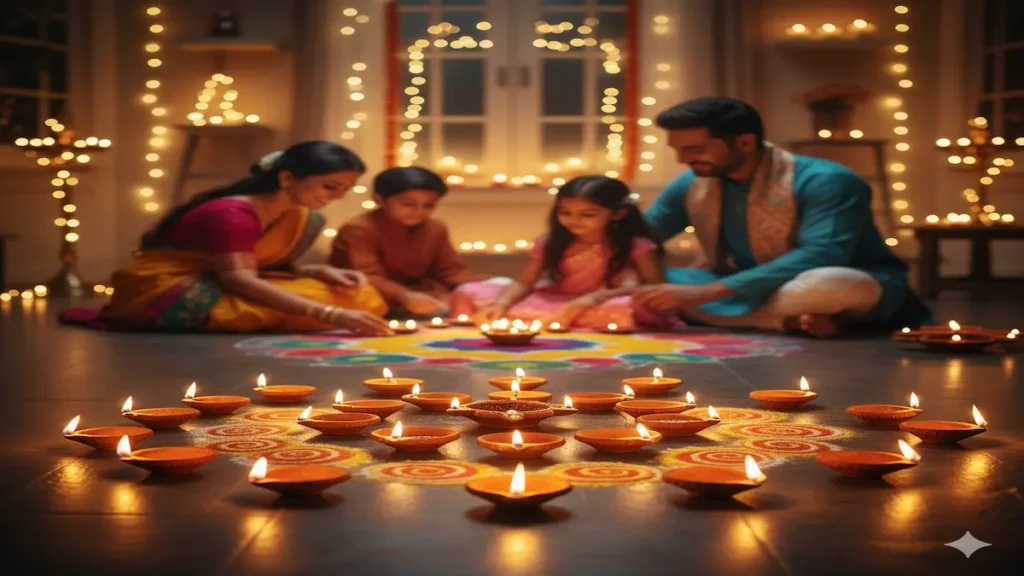 Diwali celebration in India — families lighting diyas, performing Lakshmi Puja, and decorating homes with lights and rangoli