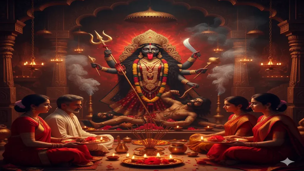 A powerful devotional scene of Kali Chaudas 2025, showing devotees worshipping Goddess Kali with diyas, flowers, and puja thali in a temple illuminated by red and golden light, symbolizing the victory of good over evil.