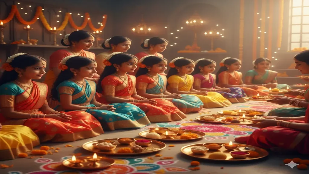 Kanya Pujan 2025 scene showing young girls receiving prasad and gifts with puja thali and diyas, symbolizing devotion and respect.