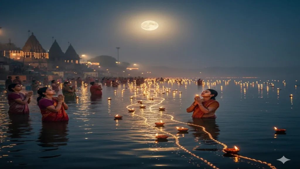 Devotees performing holy Ganga Snan under full moon light during Kartik Purnima 2025 festival in India