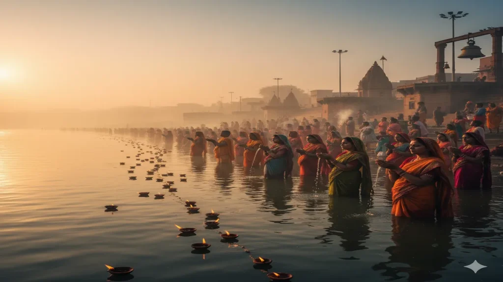 Devotees performing holy Kartik Snan in Ganga River at sunrise with diyas and prayers in India