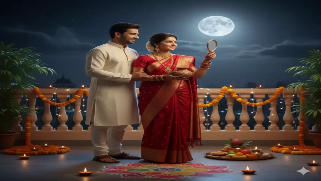 Karva Chauth 2025 fasting scene showing Indian woman with sieve and karva offering prayers to the moon for her husband.