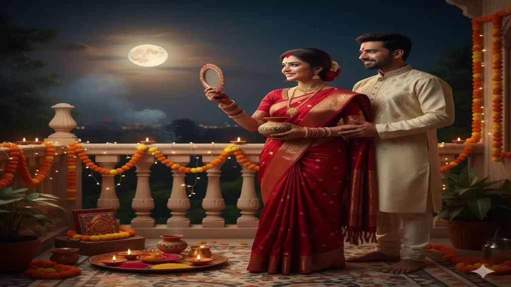Indian woman performing Karva Chauth vrat and offering prayers to the moon for her husband’s long life.