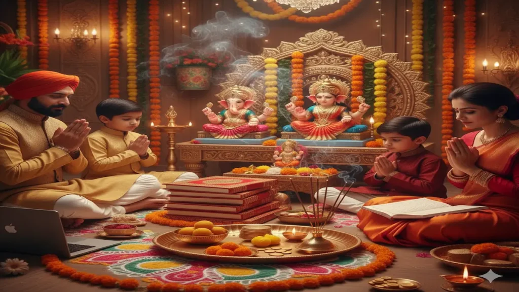 Gujarati family performing Labh Pancham Puja 2025 with Lord Ganesha, Goddess Lakshmi, account books, and diyas.