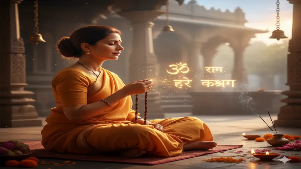 Devotee chanting God’s name with tulsi mala near temple symbolizing power of Nama Jap in Kalyug