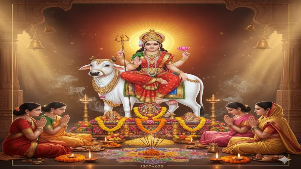 Maa Shailputri seated on Nandi — devotees performing Navratri Day 1 puja with diyas and flowers.