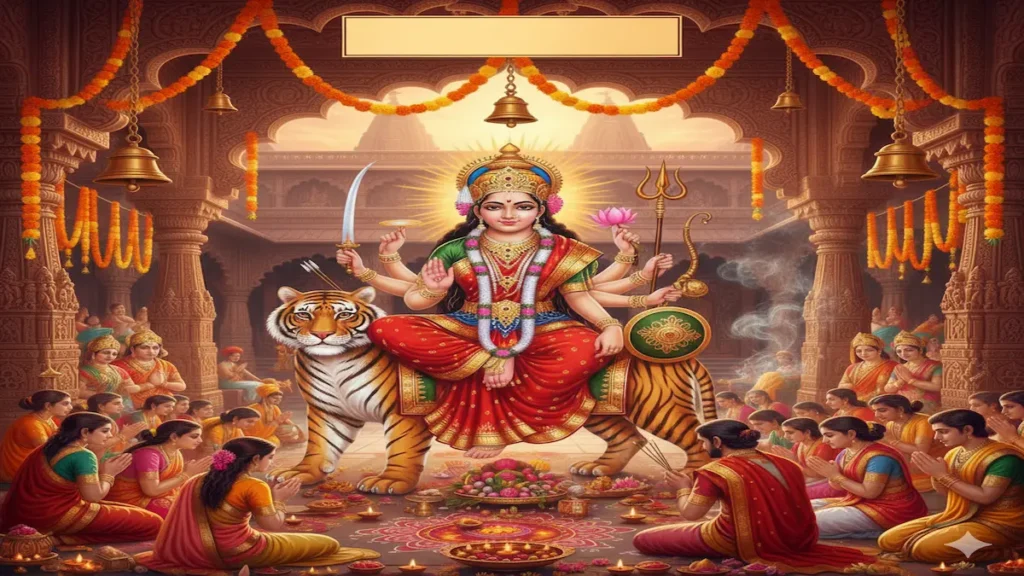 Maa Chandraghanta seated on a tiger with a crescent moon on her forehead — symbol of courage, grace, and devotion worshipped on Navratri Day 3.