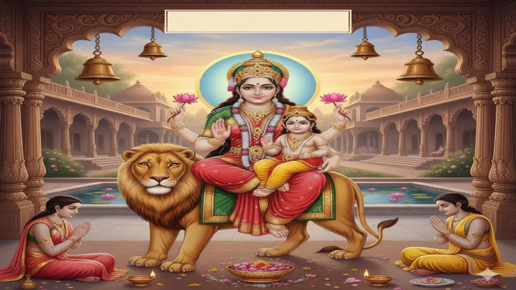 Maa Skandmata sitting on a lion holding Lord Kartikeya in her lap — worshipped on the fifth day of Navratri as the symbol of motherly love and power.