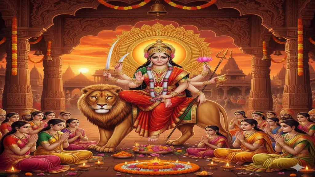 Maa Katyayani seated on a lion with divine weapons, worshipped on the sixth day of Navratri as the goddess of strength, courage, and victory.