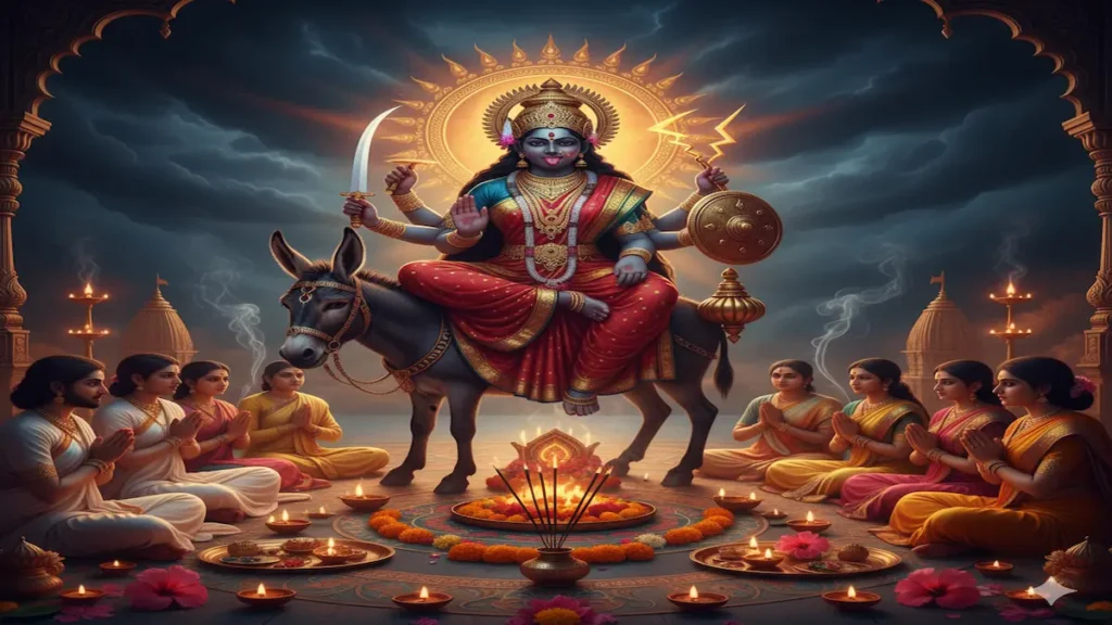 Navratri Day 7 puja scene showing Goddess Kaalratri with devotees, diyas, and flowers, symbolizing fearlessness and blessings.