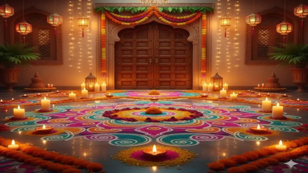 Diwali 2025 rangoli designs with diyas, flower petals, and colored powders, showcasing festive decoration ideas.