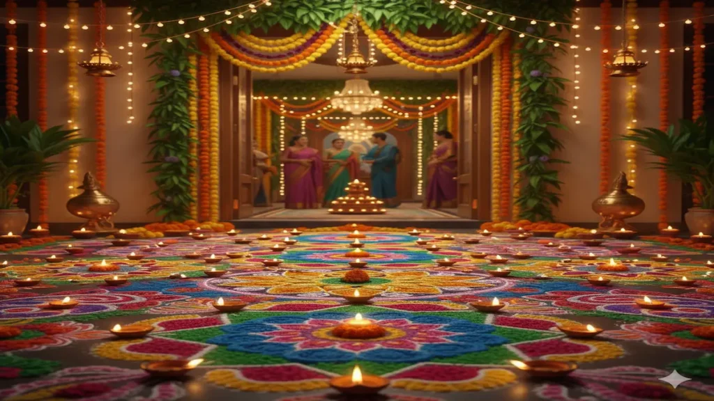 Rangoli designs with diyas, flower petals, and colored powders, showcasing creative and festive decoration ideas.