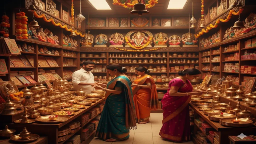 Top Bhakti store in India selling authentic puja items like idols, diyas, puja thalis, and incense sticks with devotees shopping.