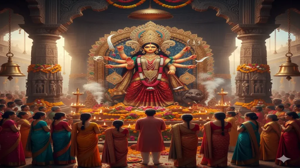 Famous Durga temple in India with devotees performing aarti, decorated with flowers and diyas, showcasing devotion and spirituality.