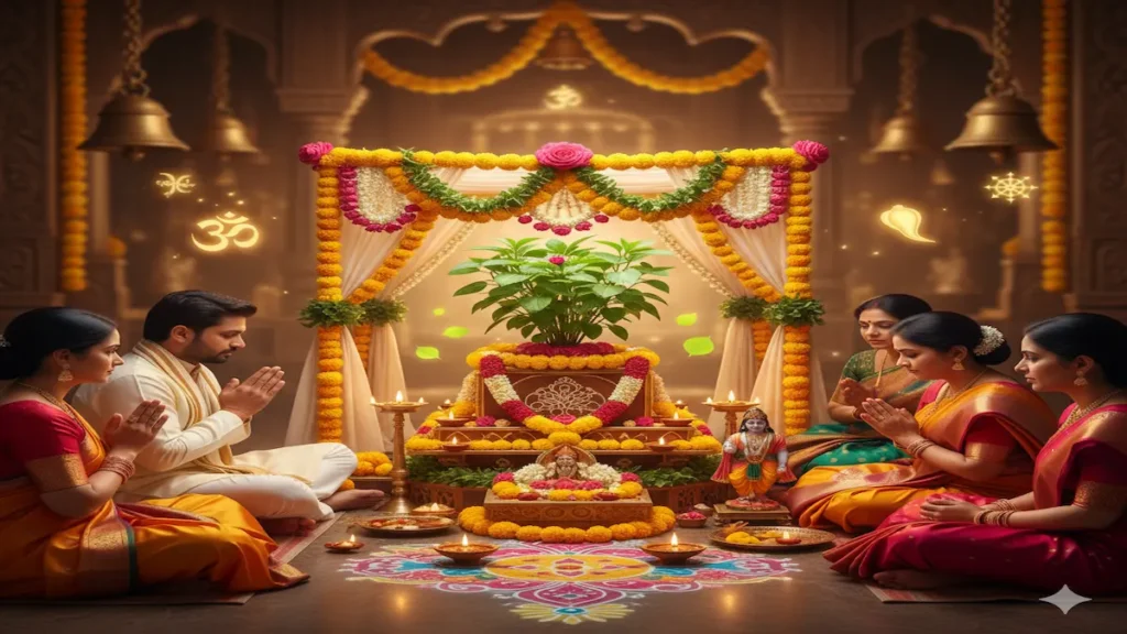 Indian devotees performing Tulsi Vivah 2025 with decorated Tulsi plant and Shaligram idol at home