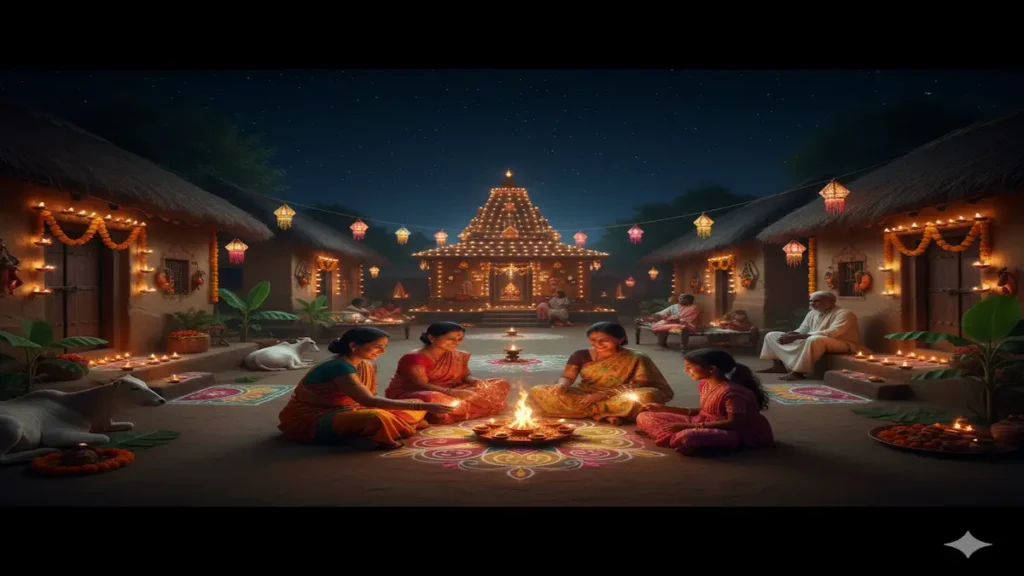 Indian village decorated with diyas and lanterns celebrating Diwali 2025 joyfully at night.