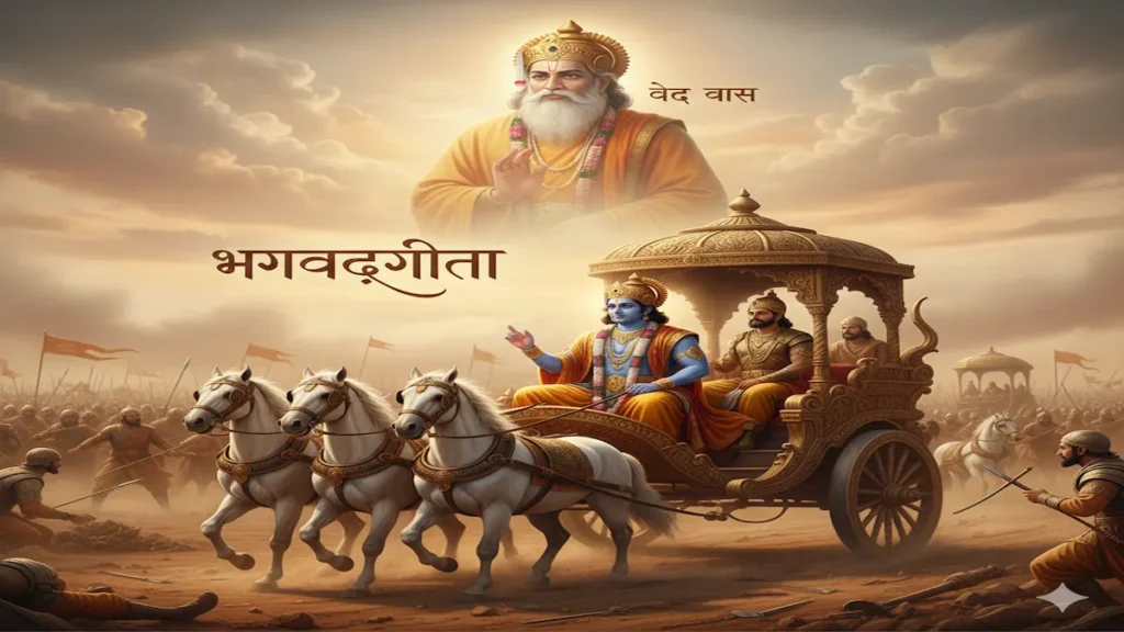 4K Mahabharata scene where Lord Krishna gives Bhagavad Gita teachings to Arjuna with Ved Vyasa name and Bhagavad Gita text in background