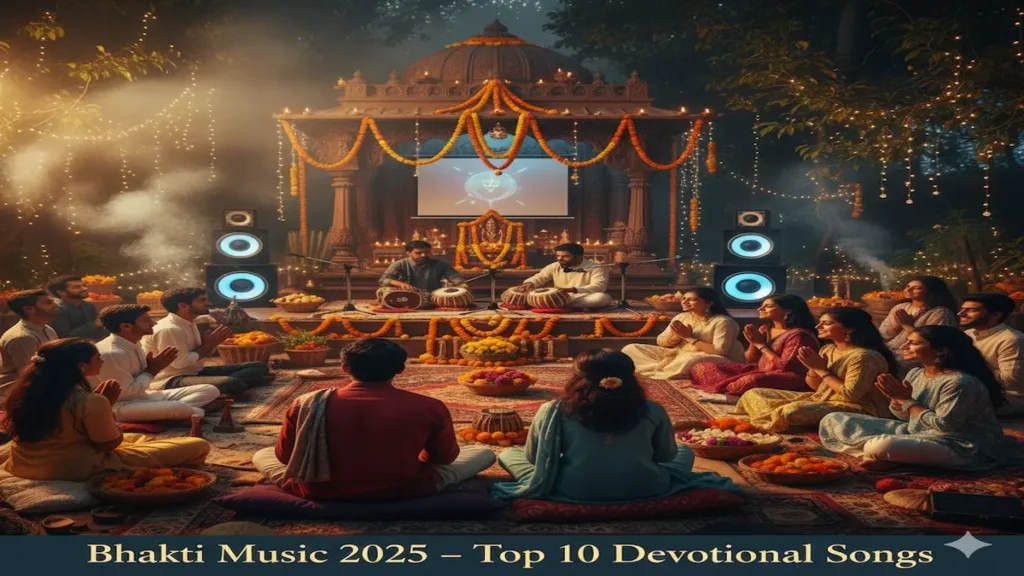 Devotees listening to Bhakti Music 2025 with devotional instruments and warm spiritual lighting