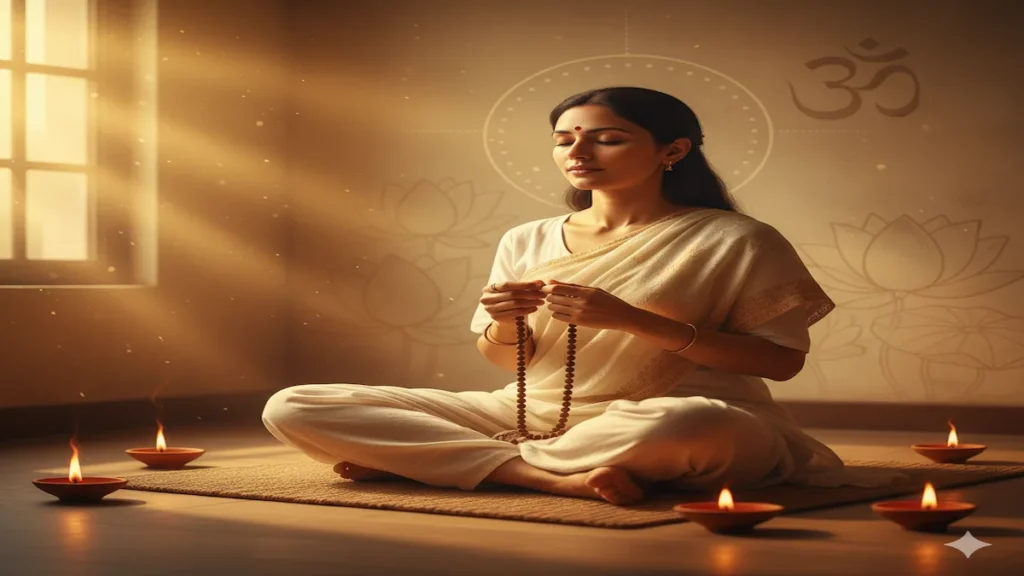 A serene Indian woman practicing Bhakti Yoga with a mala in hand, surrounded by soft diya light and golden spiritual aura, symbolizing devotion and peace.