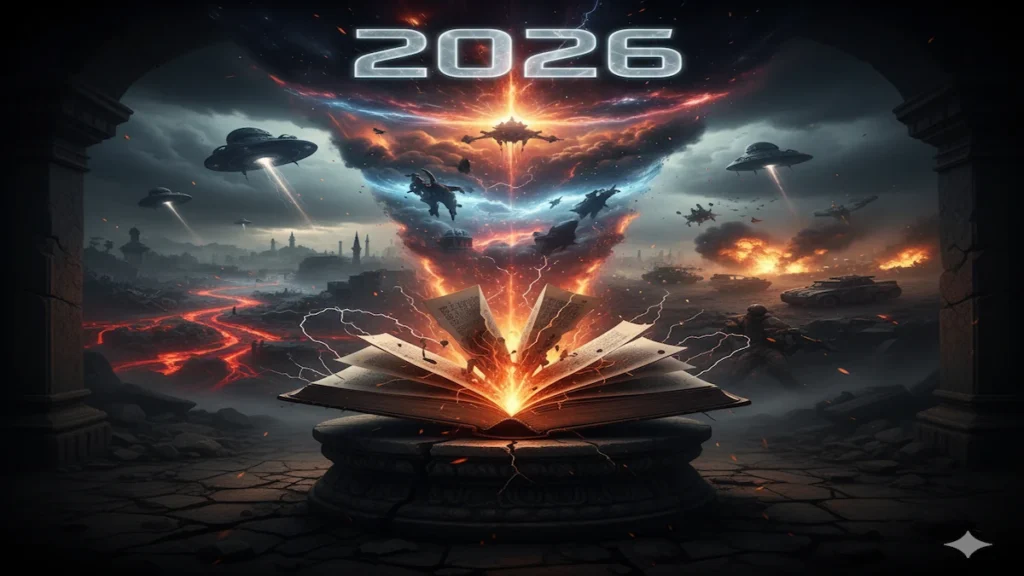 भविष्य मलिका 2026 की प्राचीन भविष्यवाणी से निकलते एलियंस, लावा, पानी और वर्ल्ड वॉर जैसा दृश्य 4K सिनेमैटिक इमेज