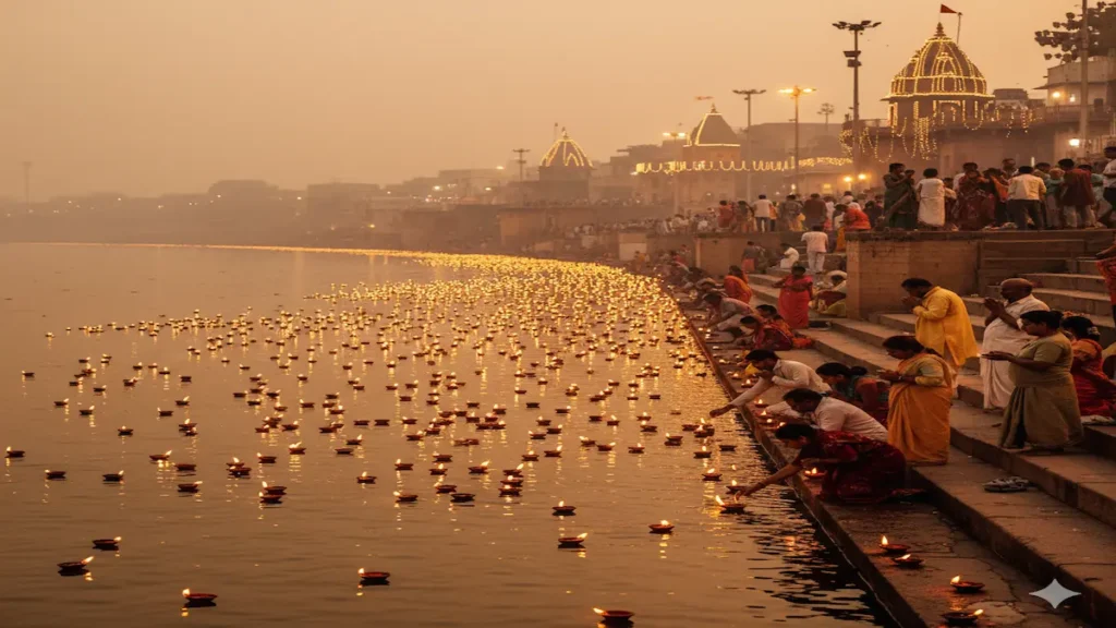 Deepdaan 2025 celebration with devotees offering lamps on the Ganga River during Kartik Purnima.