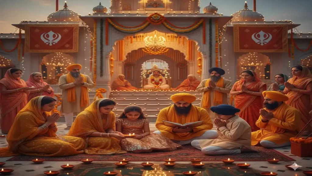 Guru Nanak Jayanti 2025 celebration — devotees praying, lighting diyas, and honoring Guru Nanak Dev Ji’s spiritual message.