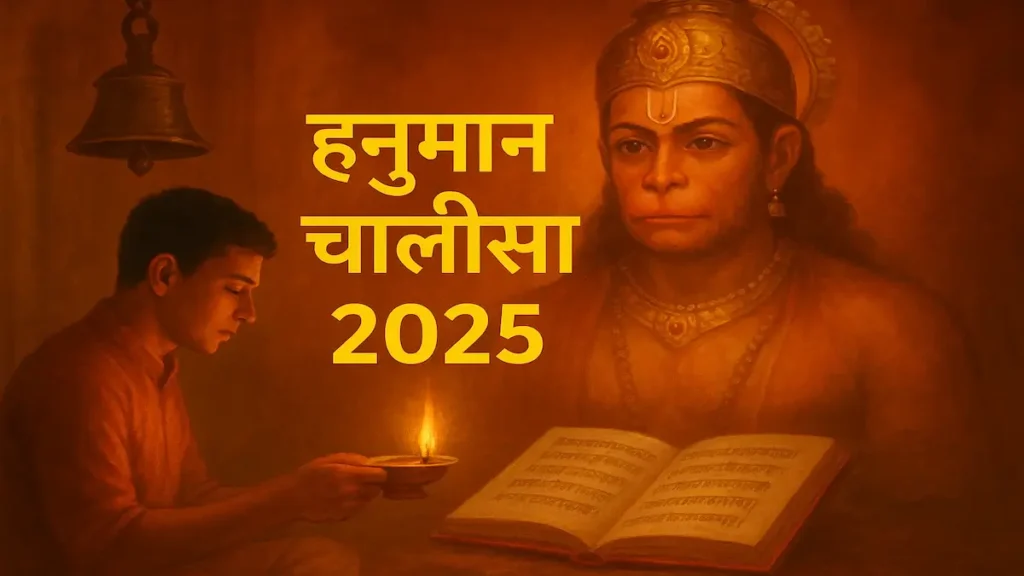 Lord Hanuman with glowing aura and devotees chanting Hanuman Chalisa during Hanuman Chalisa 2025 celebration