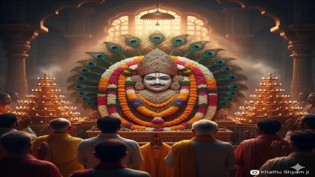 Khatu Shyam Ji idol decorated with flowers and devotees praying at Khatu Temple in Rajasthan.