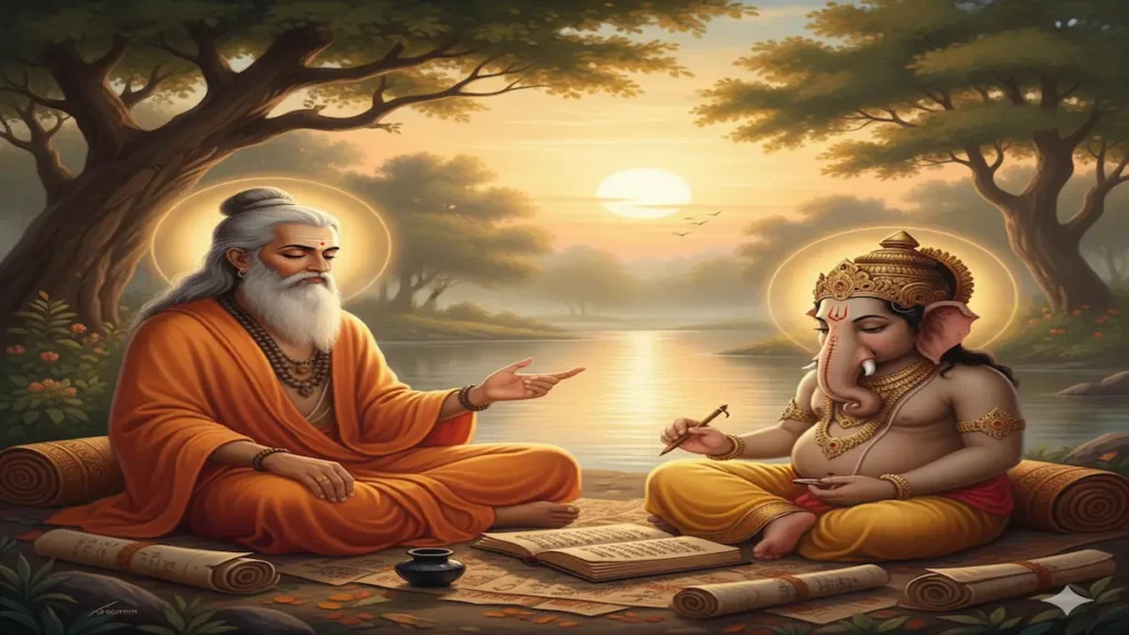Mahabharat Kisne Likhi Thi – Sage Ved Vyasa dictating the Mahabharata to Lord Ganesha on the banks of river Ganga | BhaktiParv.com