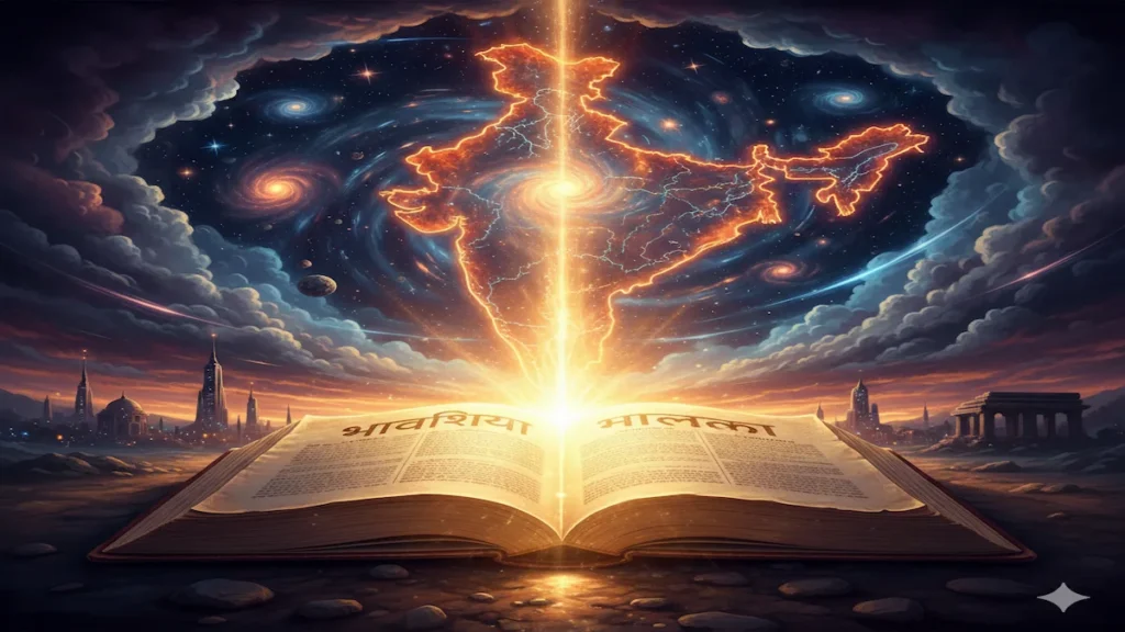 Bhavishya Malika ancient prophecy book glowing with divine light showing future predictions of India and the world
