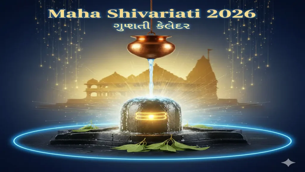 Maha Shivaratri 2026 date according to Gujarati calendar with Shivling and divine background