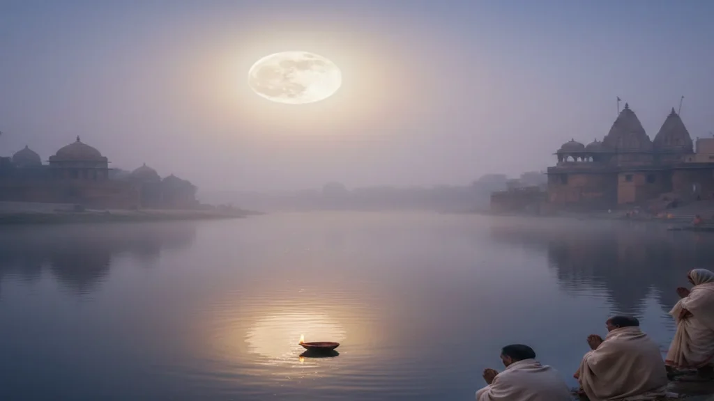 Paush Purnima 2026 holy bath at sacred river under glowing full moon with devotees performing rituals