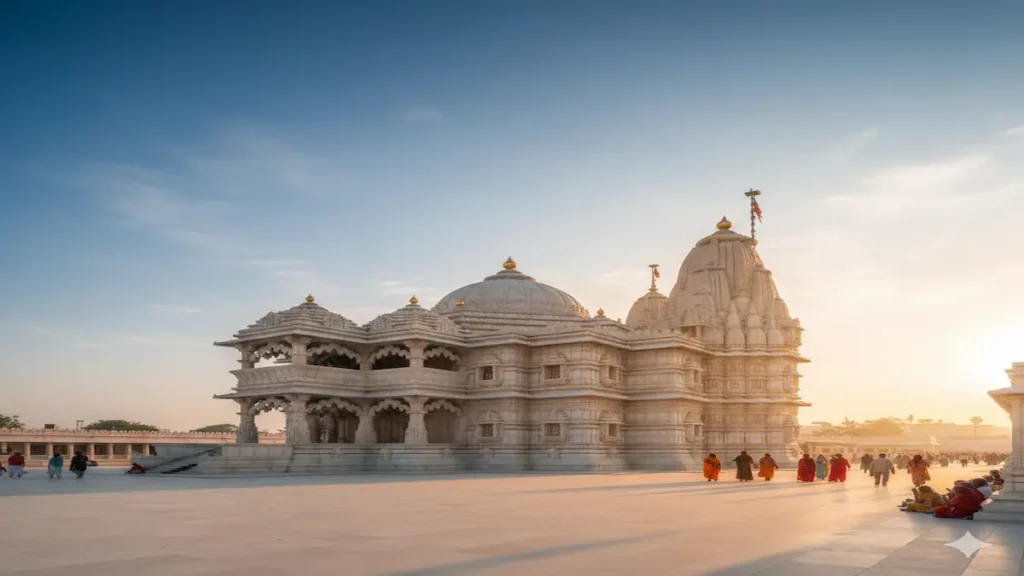 Early morning view of Ayodhya Ram Mandir showing temple architecture and peaceful darshan atmosphere