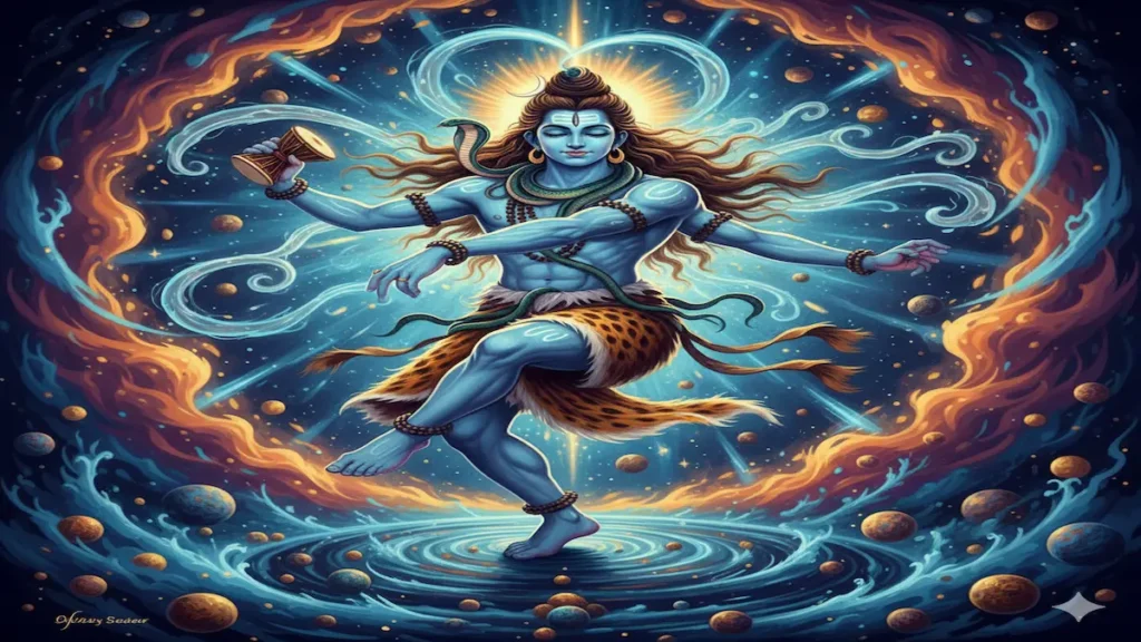 Lord Shiva performing the cosmic Tandava with flowing hair, Ganga, crescent moon, and divine blue aura