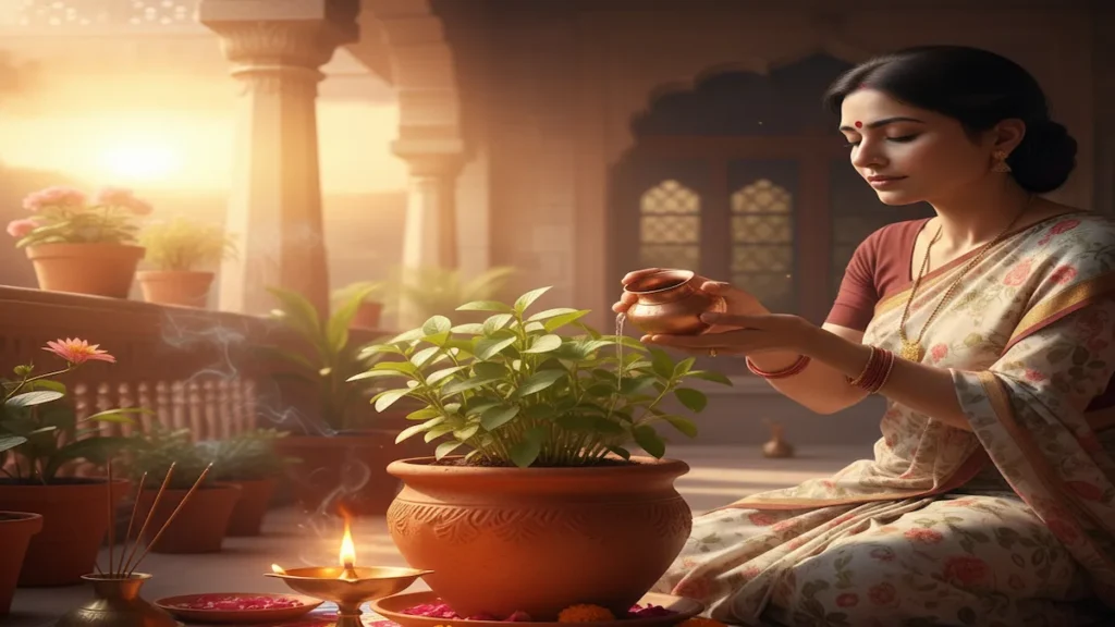 Tulsi Pujan ritual at home with Tulsi plant and diya
