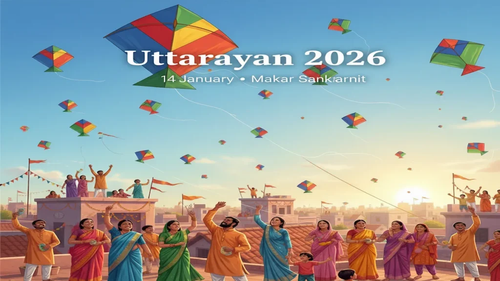 Uttarayan 2026 date celebration with colorful kites and Makar Sankranti festival in India