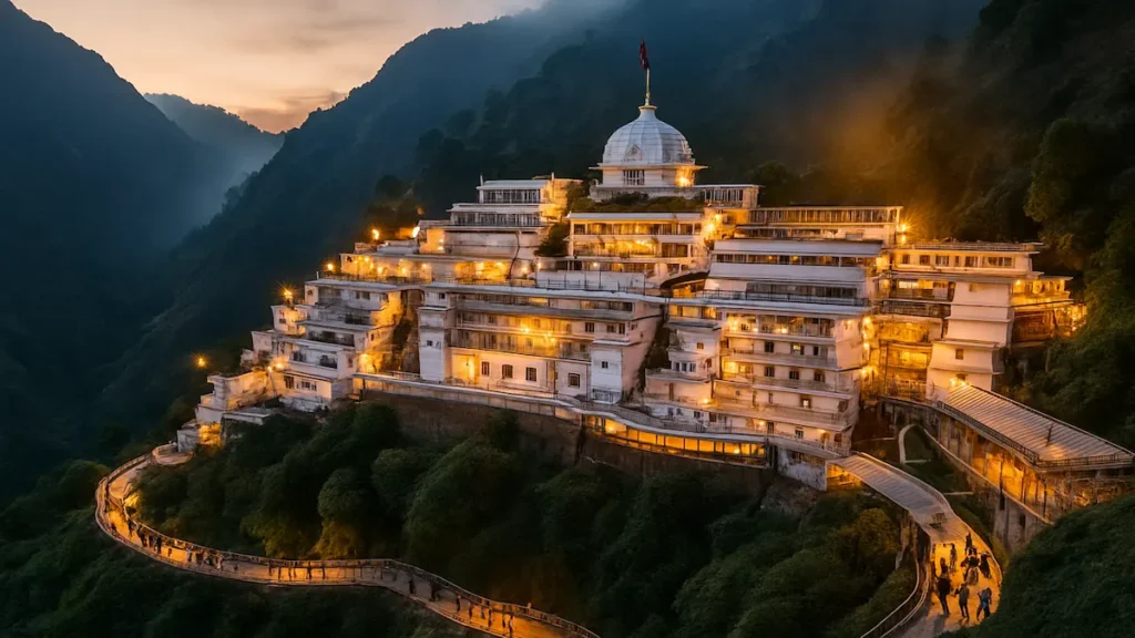Vaishno Devi Bhawan illuminated at golden hour on Trikuta Mountains with pilgrims on the winding pathway.