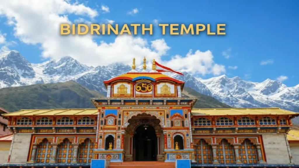 Badrinath Temple in Uttarakhand with Himalayan mountains in the background