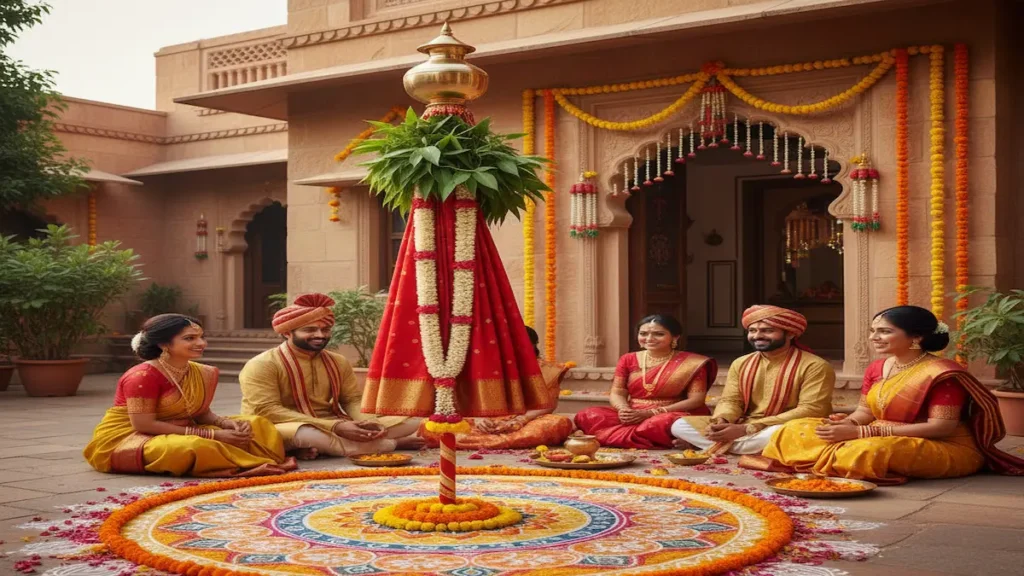 Gudi Padwa 2026 festival celebration with traditional gudi, rangoli and marigold decorations